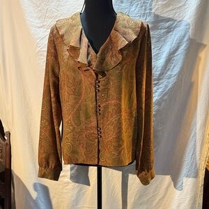 Vintage Retro Judith Hart V-Neck Ruffled Button Down Top Blouse Paisley Design